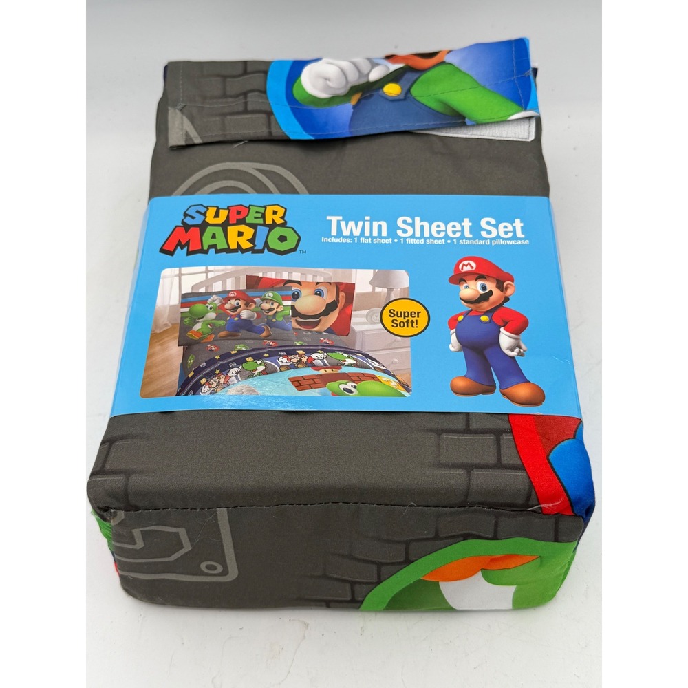 New Franco Super Mario Twin Sheet Set Trifecta Fun 3pc Bedding Nintendo